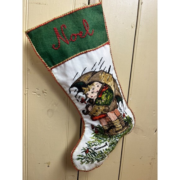 Vintage Hummel Christmas Stocking Hand Embroidered Crewel On Linen & Felt 17" - Picture 8 of 8